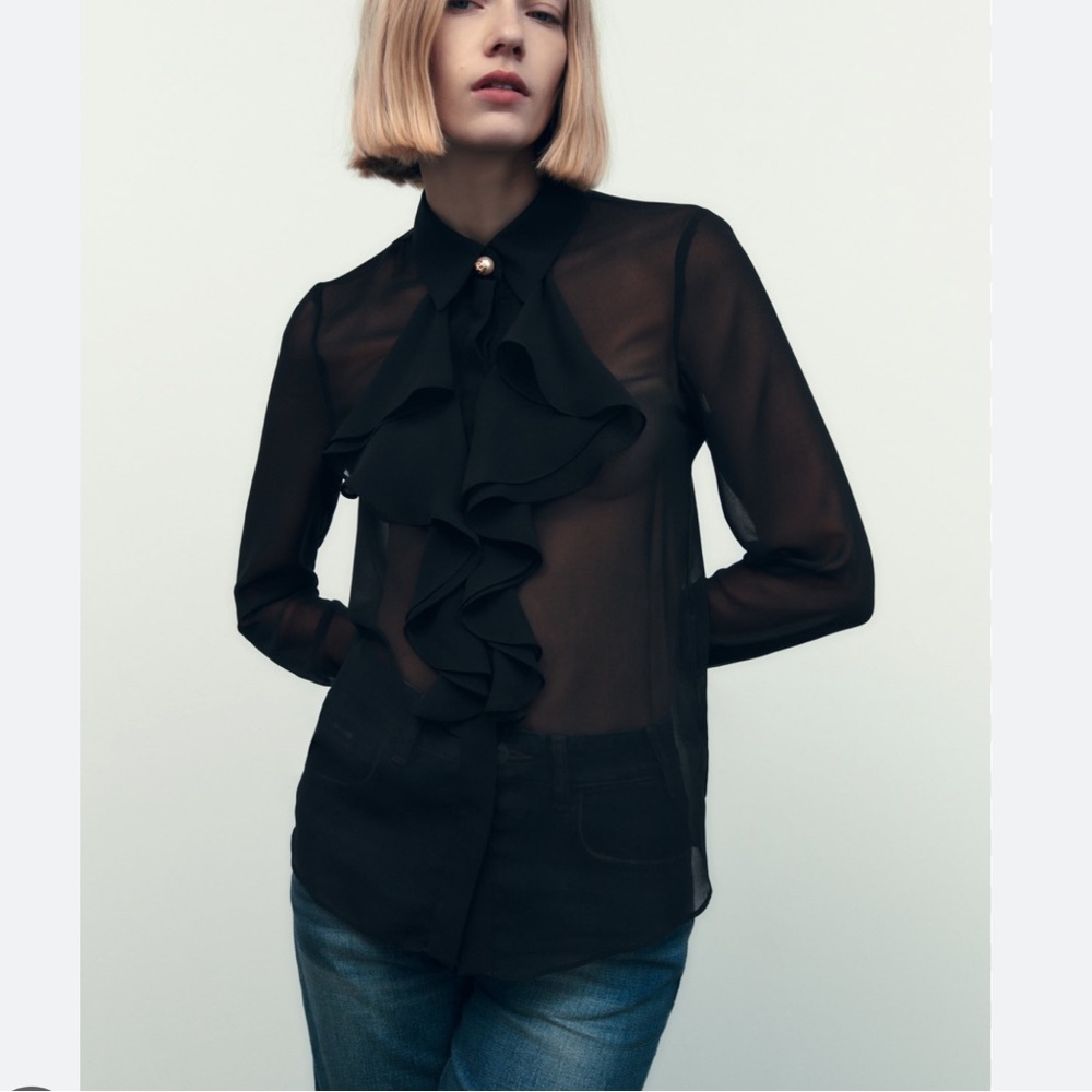 ZARA SEMI-SHEER BLOUSE WITH RUFFLES